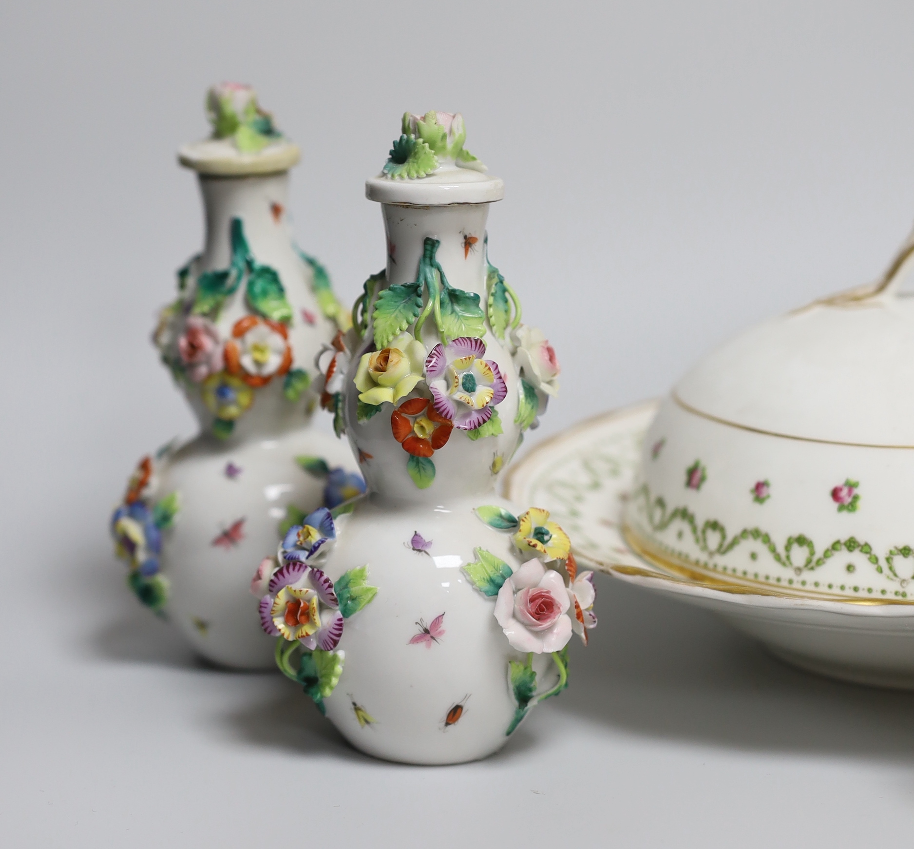 A Laura Knight Burleigh Ware mug and other mixed ceramics to include a Minton sauceboat, Crescent China dish and cover, a pair of Herend style vases and covers and three ‘cat’ decorated egg cups, tallest 14cm